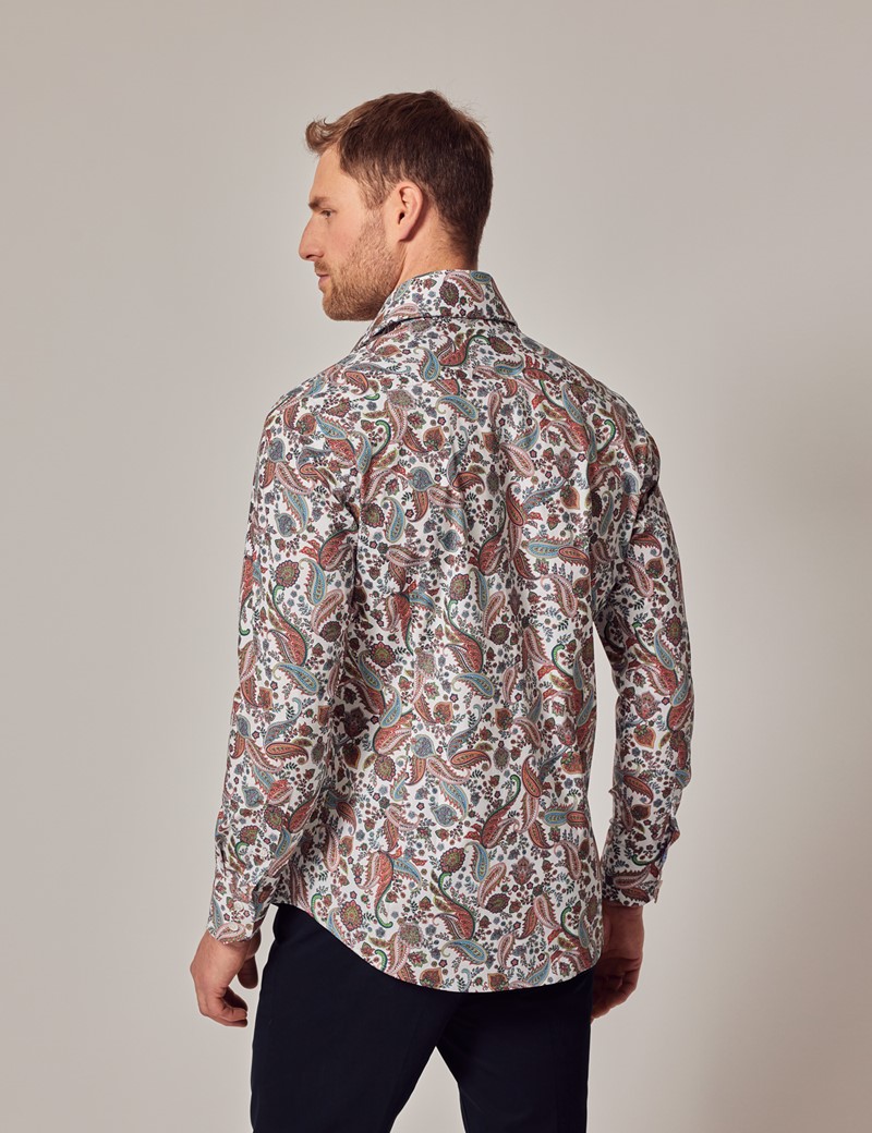 White & Green Paisley Slim Fit Shirt - High Collar | Hawes & Curtis