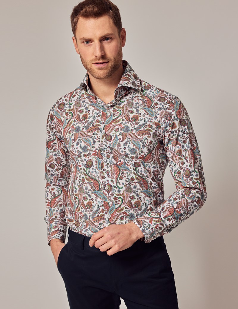 White & Green Paisley Slim Fit Shirt - High Collar | Hawes & Curtis