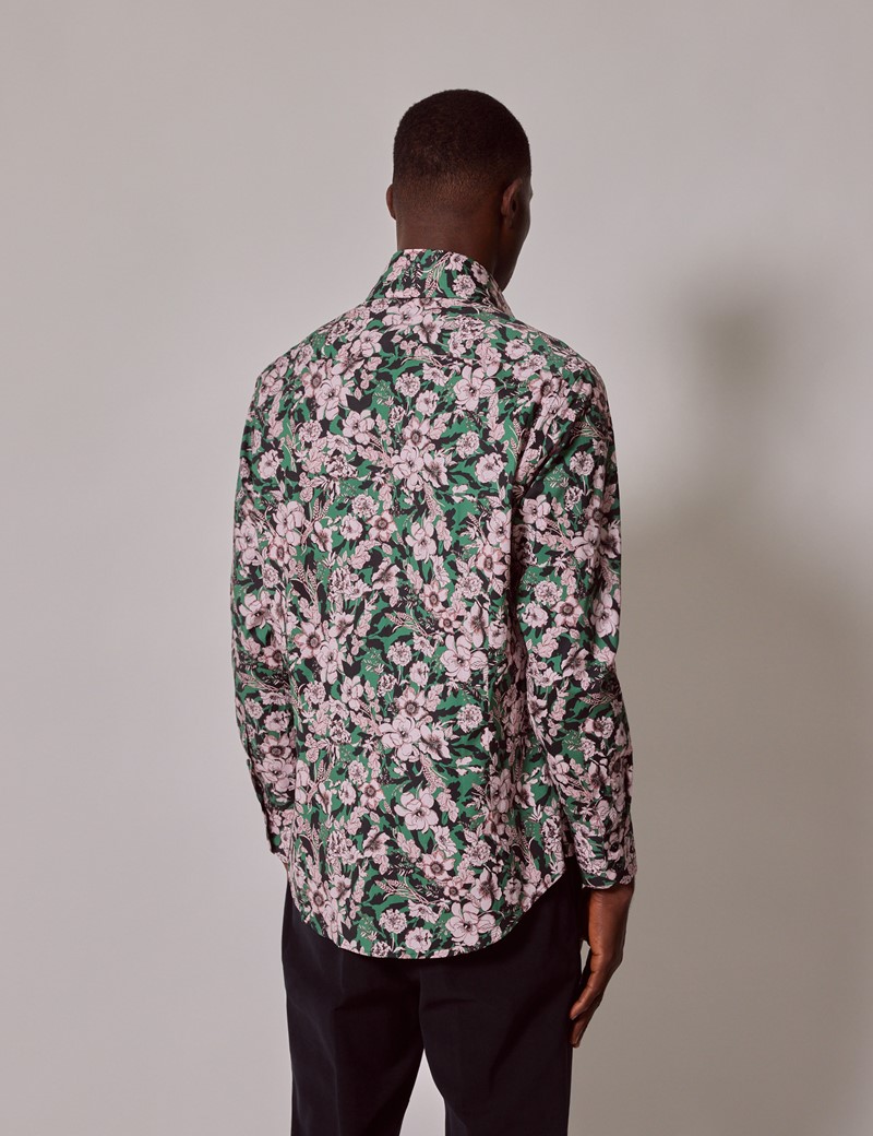Green & Pink Floral Slim Cotton Stretch Shirt - High Collar