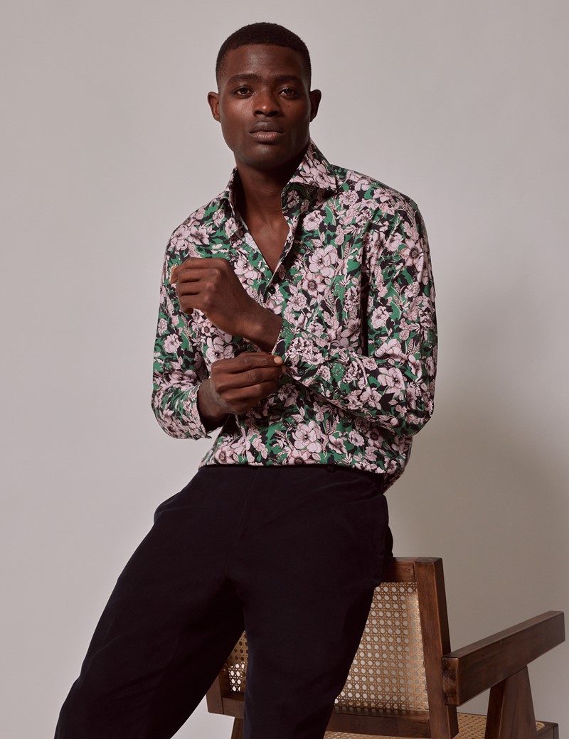 Men's Green & Pink Floral Slim Cotton Stretch Shirt - High Collar