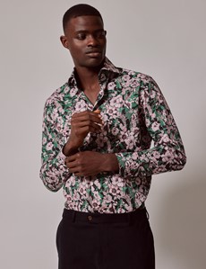 Men's Green & Pink Floral Slim Cotton Stretch Shirt - High Collar