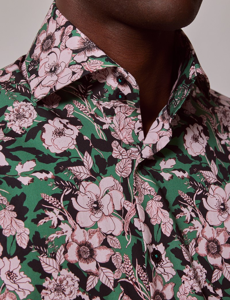 Men's Green & Pink Floral Slim Cotton Stretch Shirt - High Collar