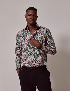 Men's Green & Pink Floral Slim Cotton Stretch Shirt - High Collar