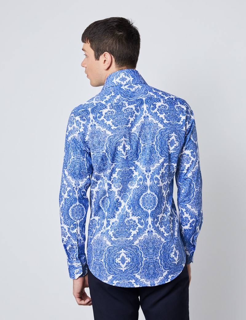 Men's Curtis Blue & White Paisley Slim Fit Shirt - High Collar - Single ...