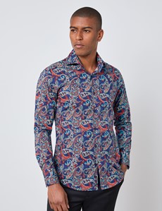 Men's Curtis Orange & Blue Paisley Slim Fit Shirt - High Collar ...