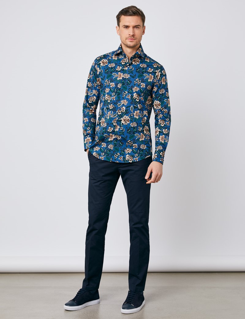 Cotton Stretch Men's Slim Fit Shirt with Floral Print and Single Cuff ...