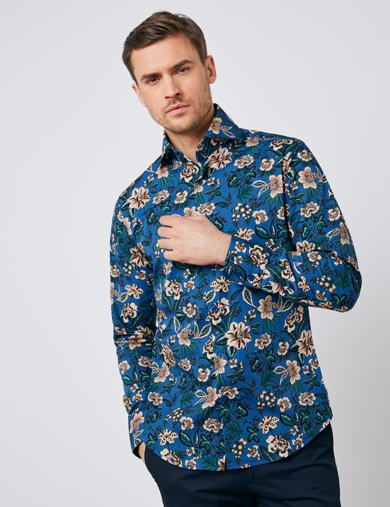 Cotton Stretch Men's Slim Fit Shirt with Floral Print and Single Cuff ...