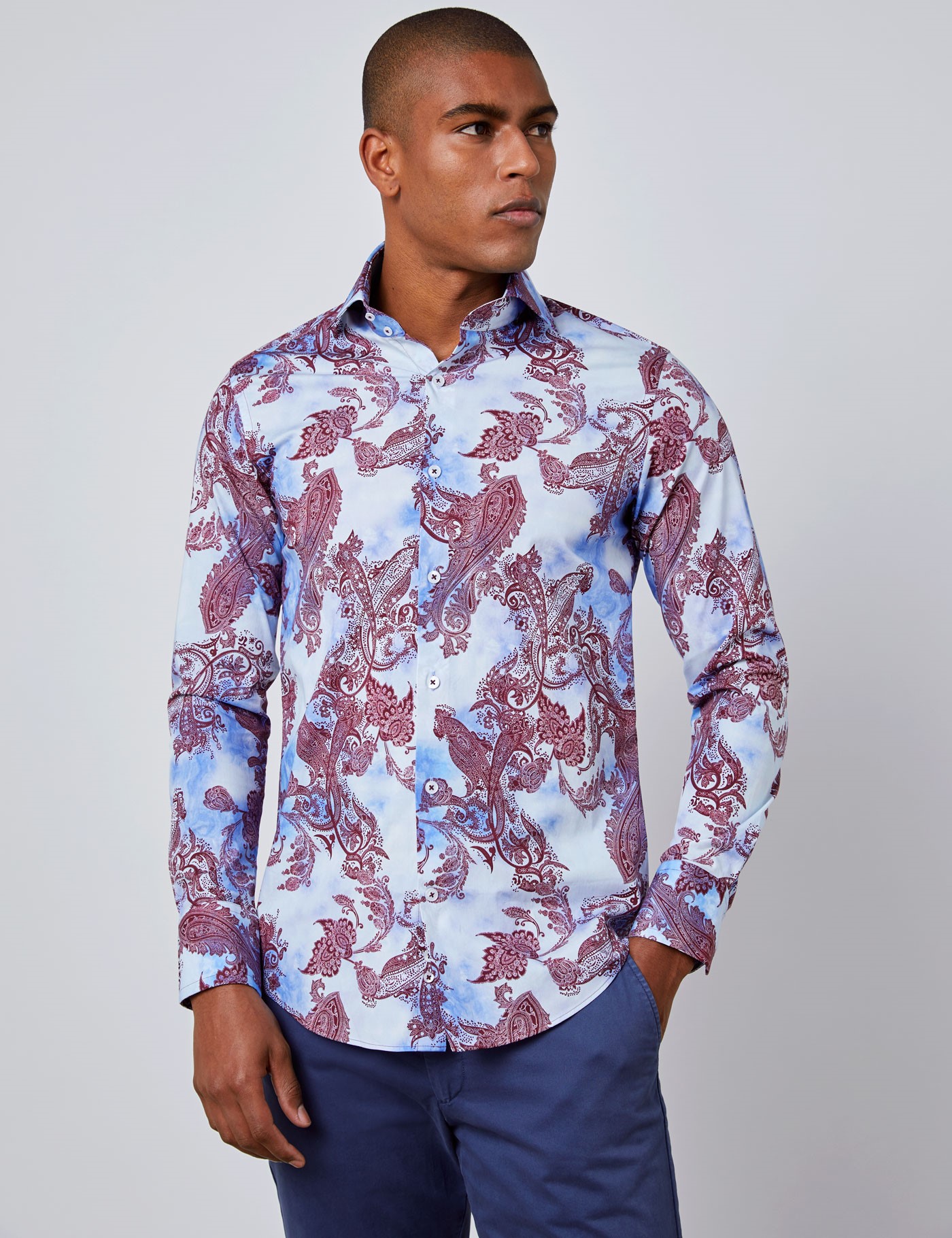 Men's Curtis Burgundy & Blue Paisley Slim Fit Shirt - High Collar ...