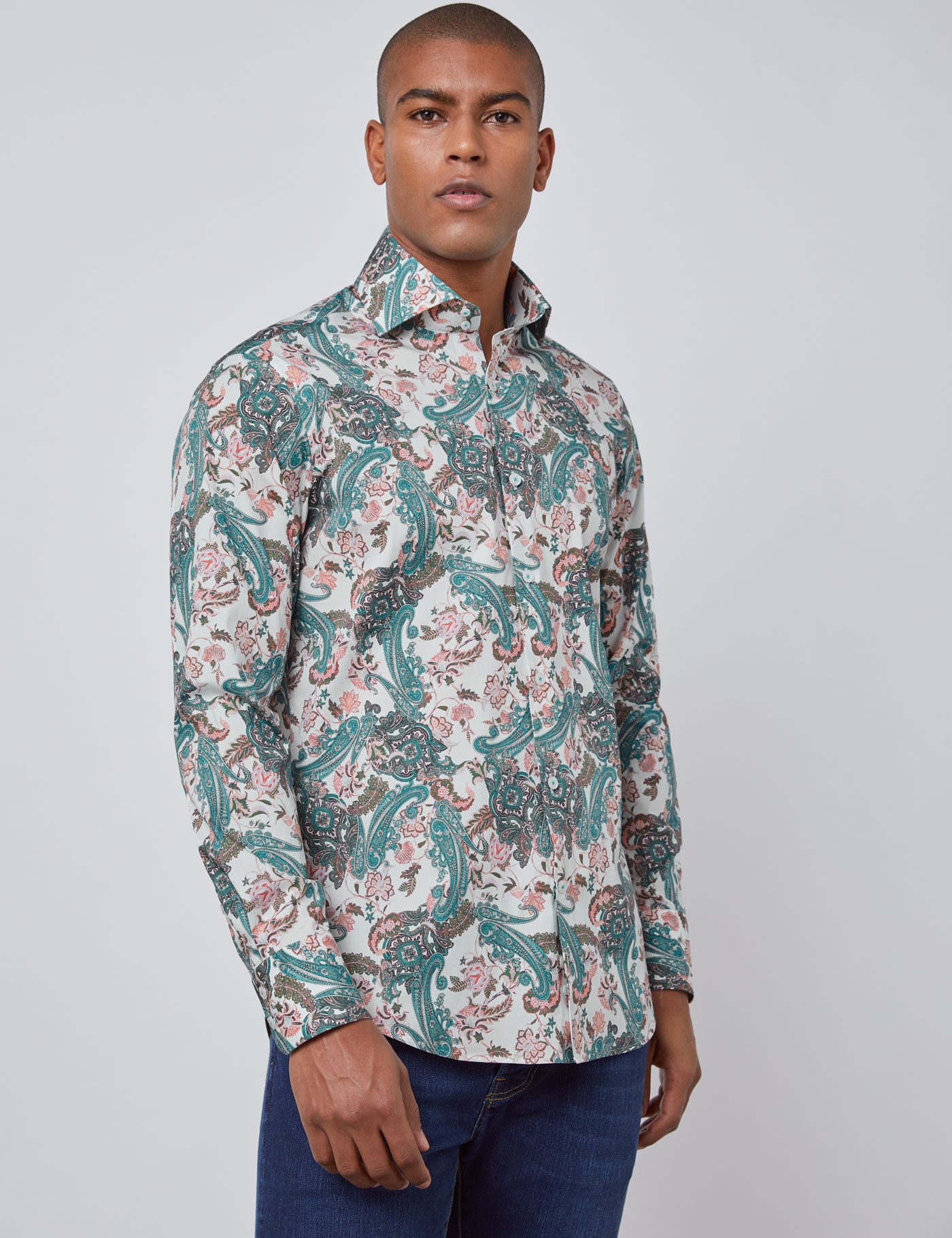 Paisley Slim Fit Shirt with Single Cuff in White & Turquoise| Hawes ...