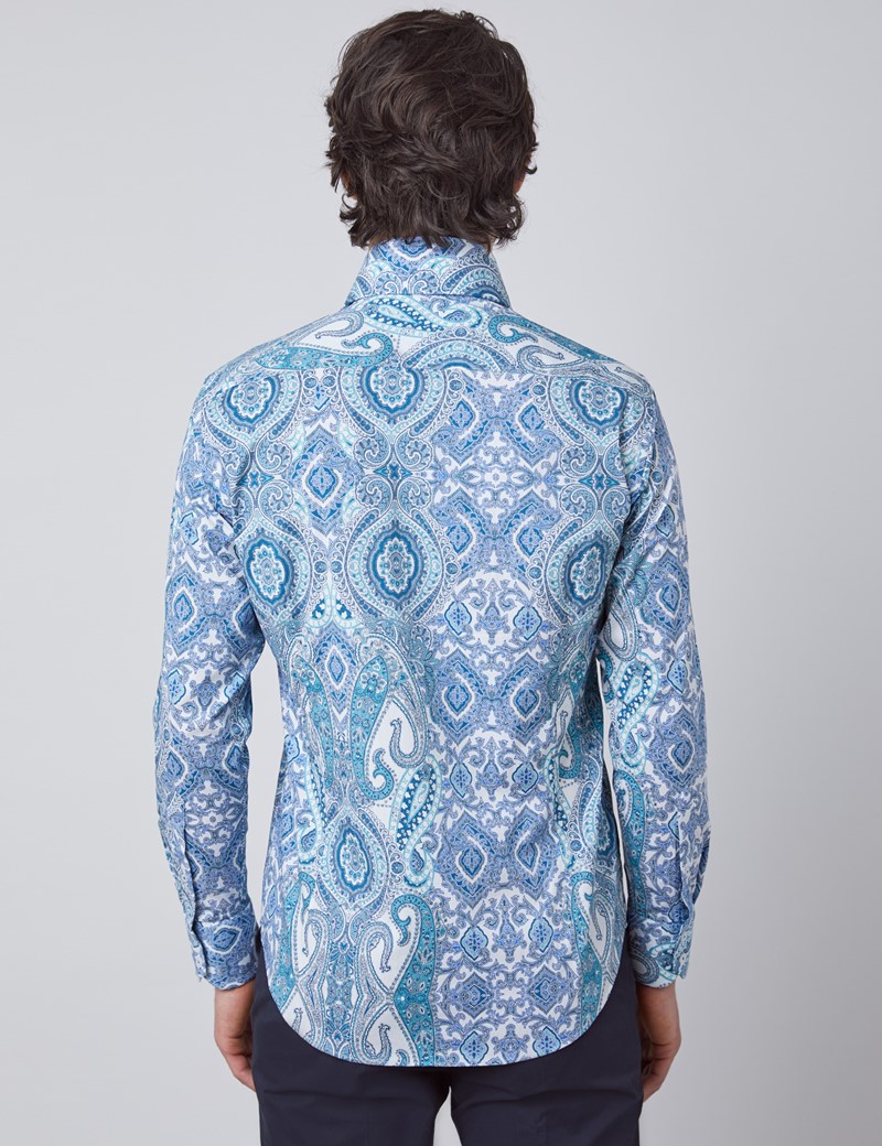 Paisley Slim Fit Shirt with Single Cuff in White & Blue | Hawes ...