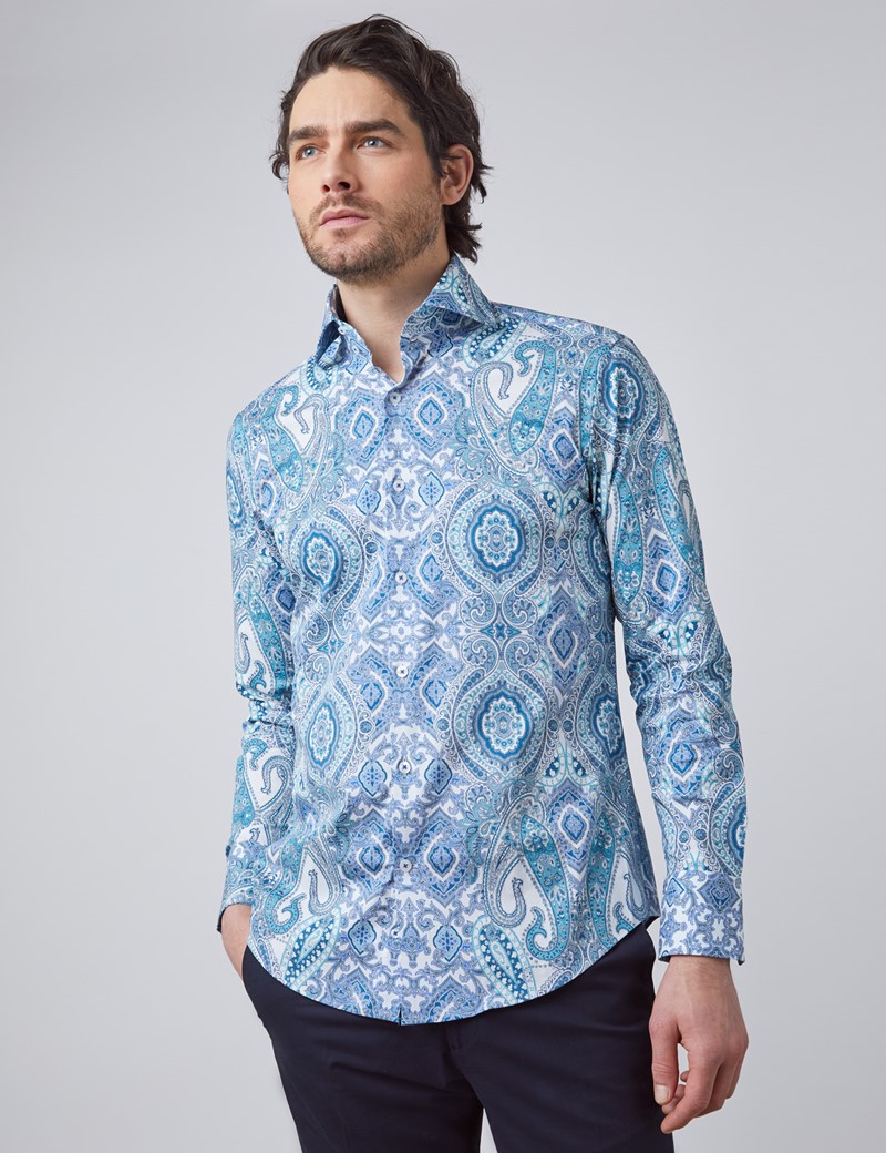 Paisley Slim Fit Shirt with Single Cuff in White & Blue | Hawes ...
