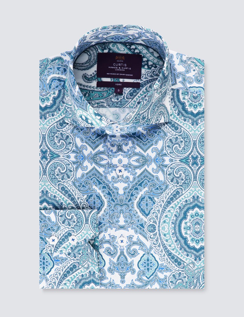 Paisley Slim Fit Shirt with Single Cuff in White & Blue | Hawes ...