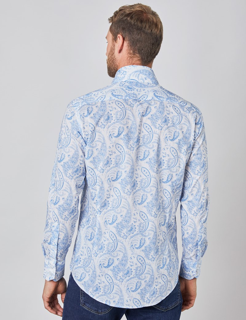 Paisley Slim Fit Shirt with Single Cuff in White & Light Blue | Hawes ...