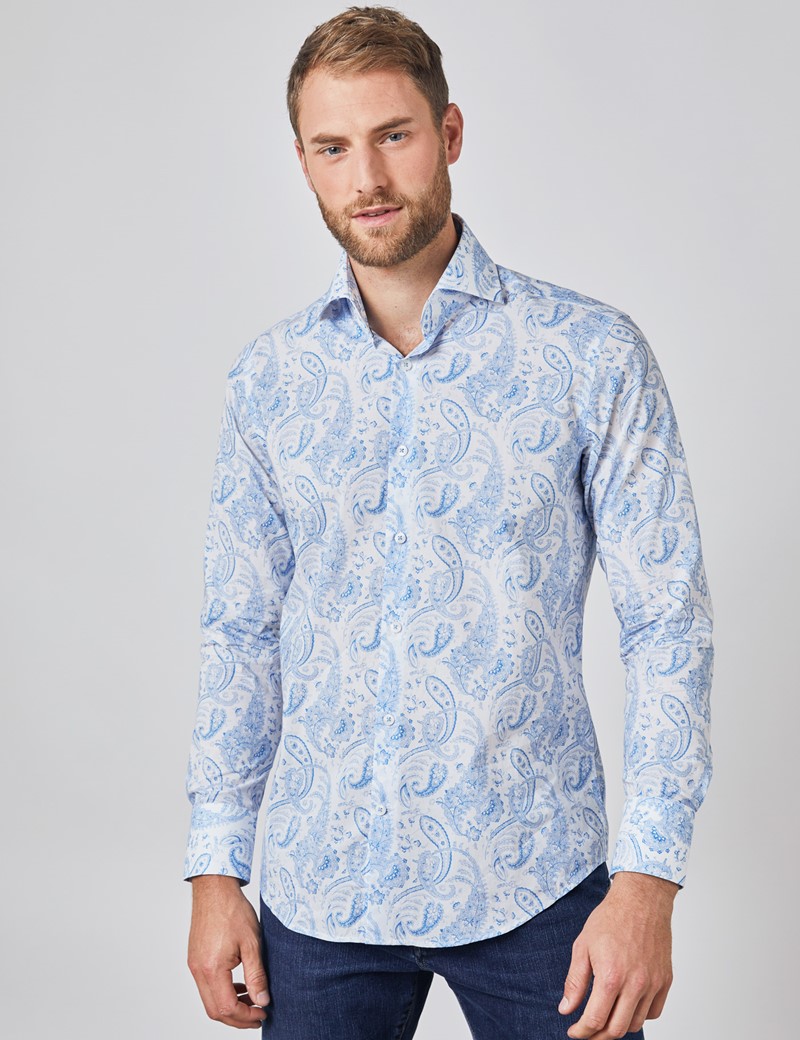 Paisley Slim Fit Shirt with Single Cuff in White & Light Blue | Hawes ...