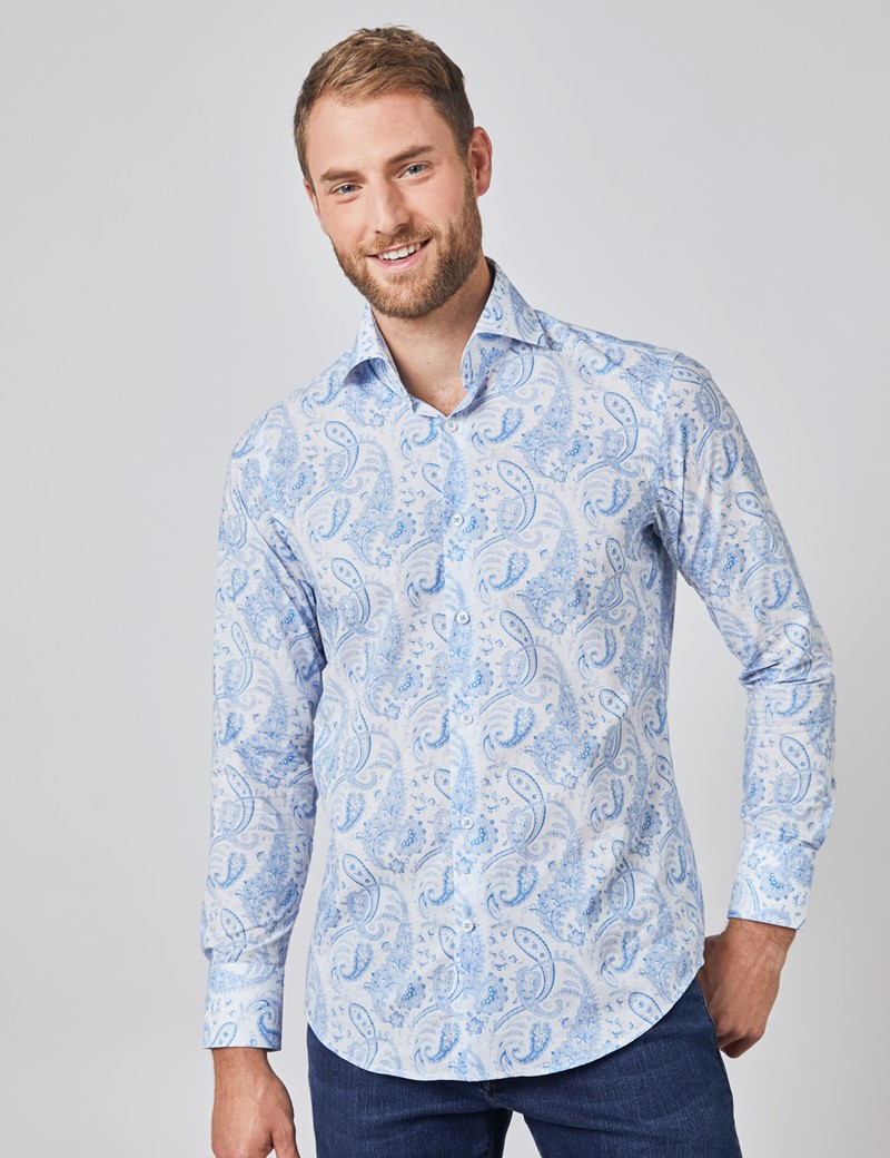 Paisley Slim Fit Shirt with Single Cuff in White & Light Blue | Hawes ...