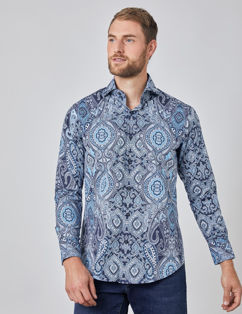 Easy Iron Cotton Stretch Paisley Slim Fit Shirt with Single Cuff in ...