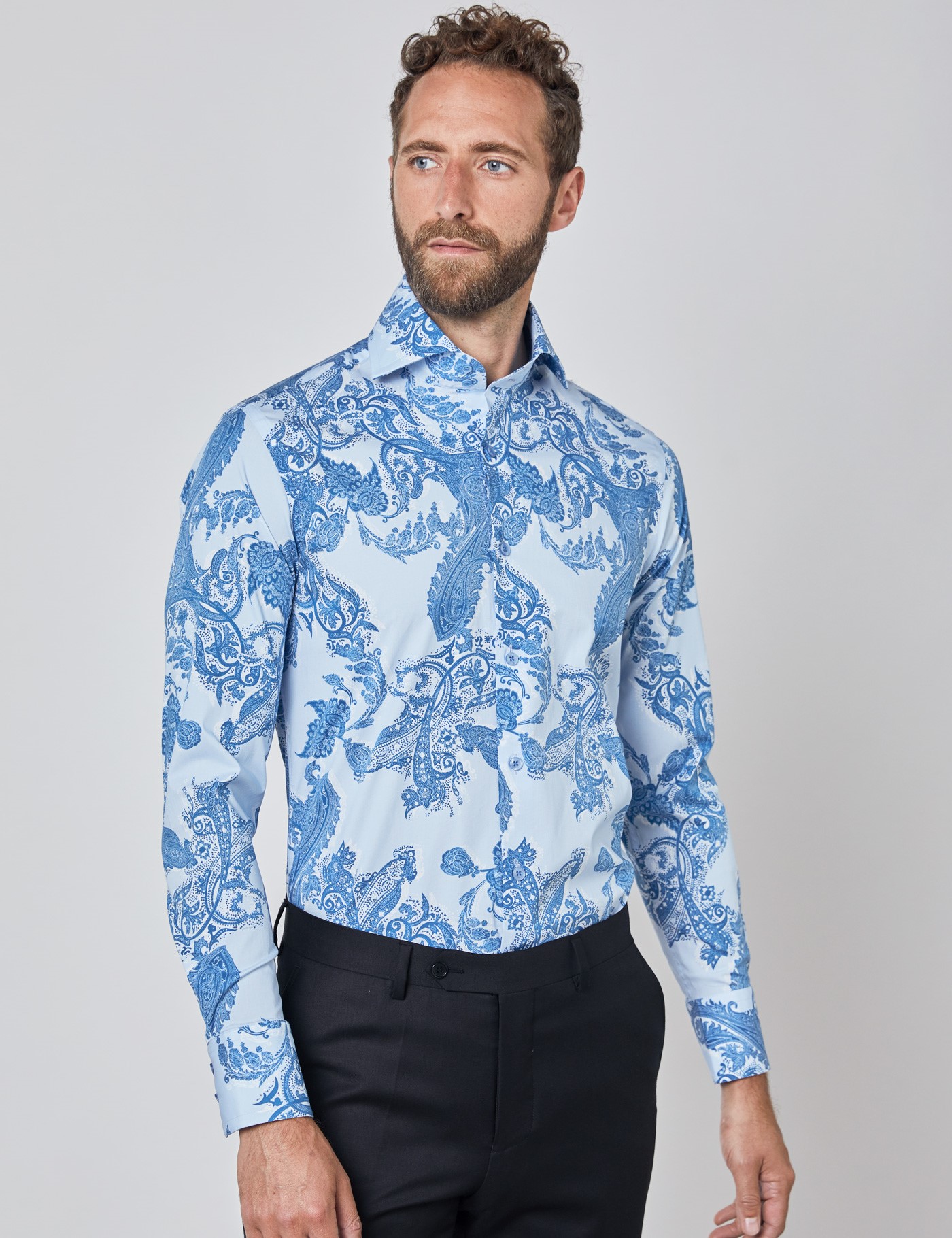 Easy Iron Cotton Stretch Paisley Men's Slim Fit Shirt with High Collar and Single Cuff in Light