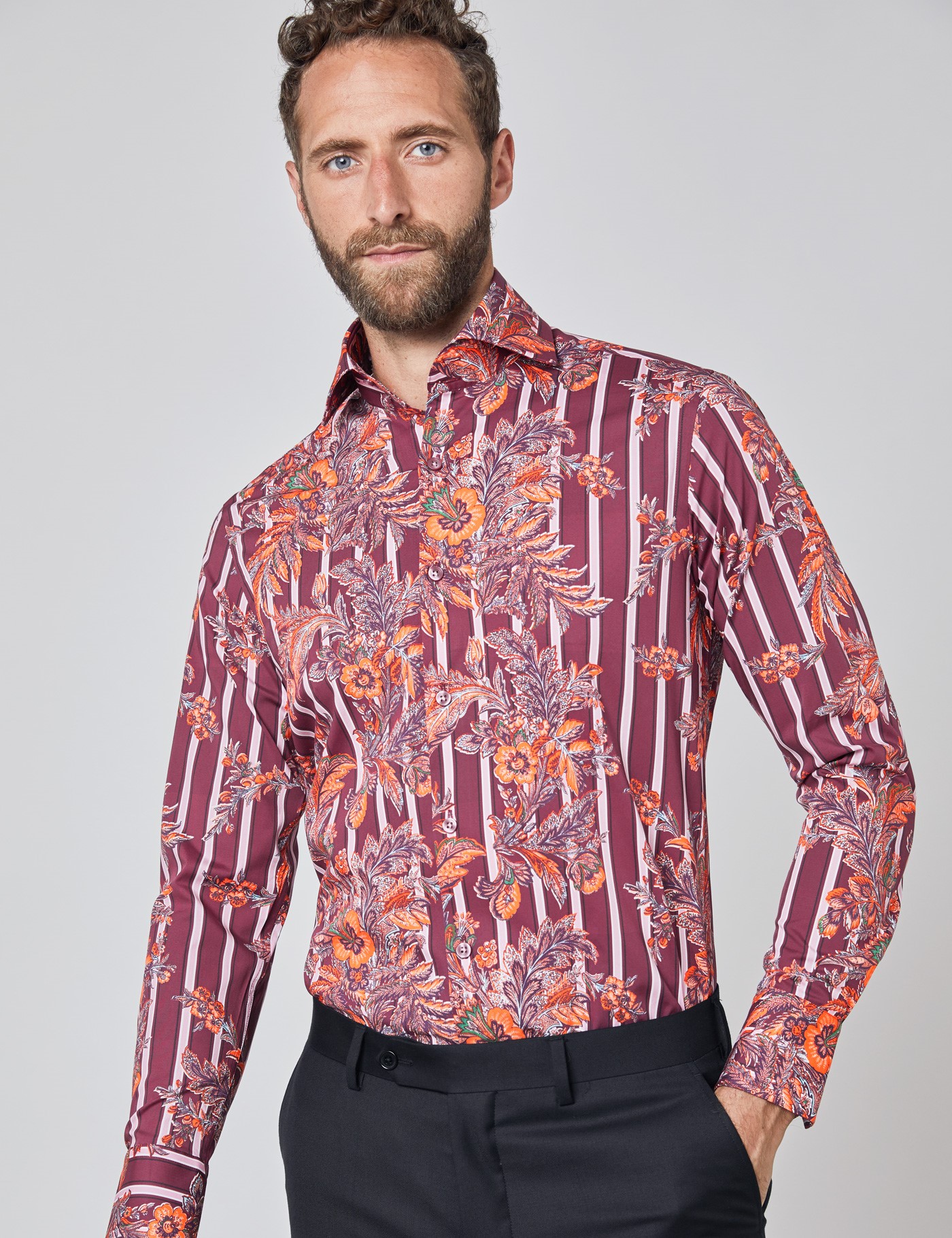 Easy Iron Cotton Stretch Men's Slim Fit Shirt with Floral Stripes and ...