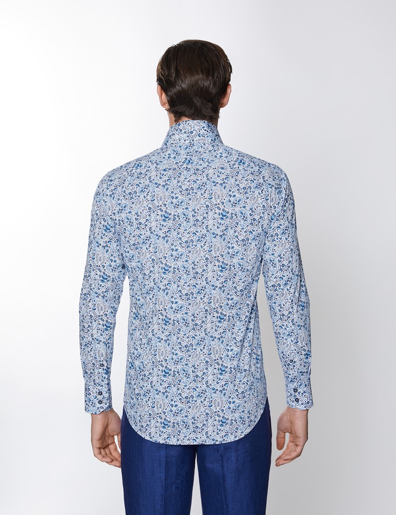 Cotton Stretch Men's Slim Shirt with Paisley Design in White & Blue ...