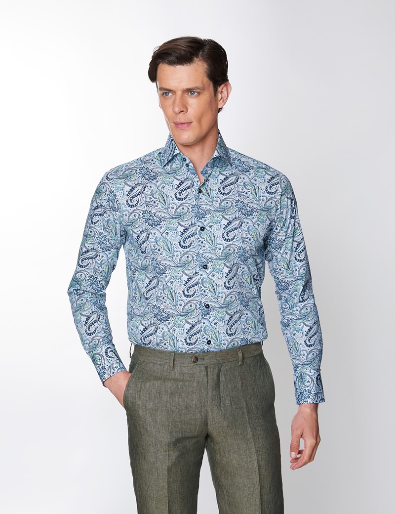 Men's Curtis Blue & Green Floral Design Stretch Slim Fit Shirt - High Collar 