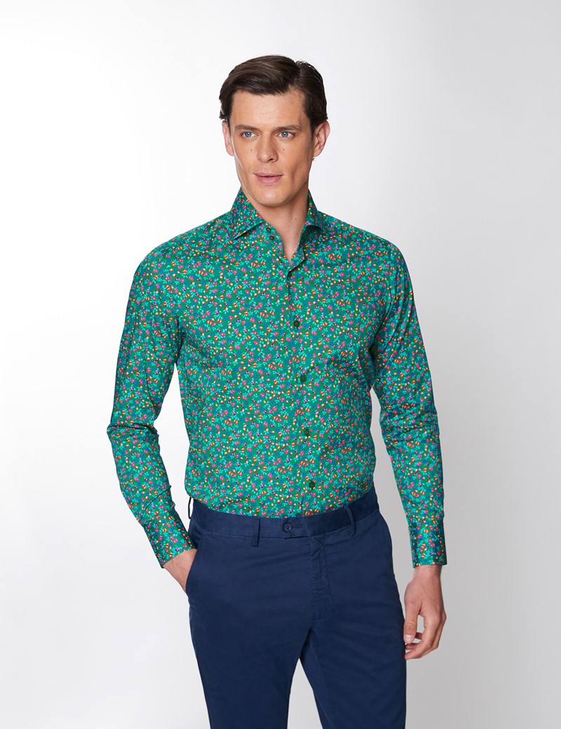 Men's Curtis Green & Red Floral Print Design Stretch Slim Fit Shirt - High Collar 