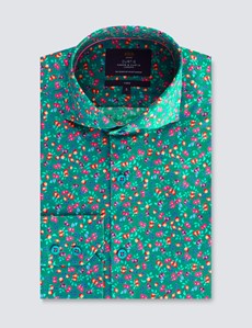 Men's Curtis Green & Red Floral Print Design Stretch Slim Fit Shirt - High Collar 