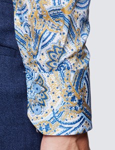 Men's Curtis Beige & Blue Paisley Print Shirt - High Collar