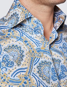 Men's Curtis Beige & Blue Paisley Print Shirt - High Collar