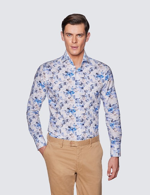UK Mens Floral Long Sleeve Slim Fit Shirt Business Casual Dress Shirts Plus Size