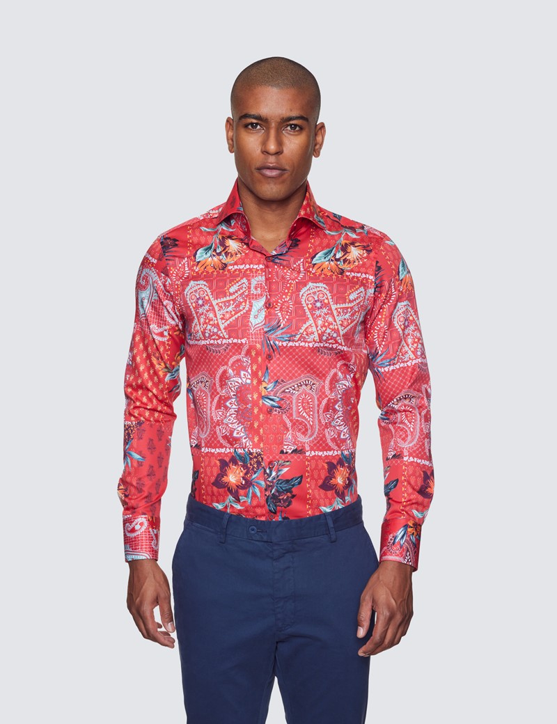 Curtis Red & Turquoise Paisley Patchwork Print Shirt - High Collar