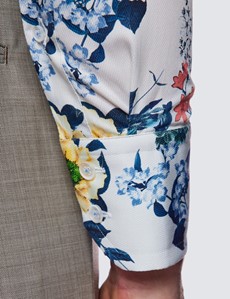 Curtis Cream & Blue Botanical Floral Print Shirt - High Collar