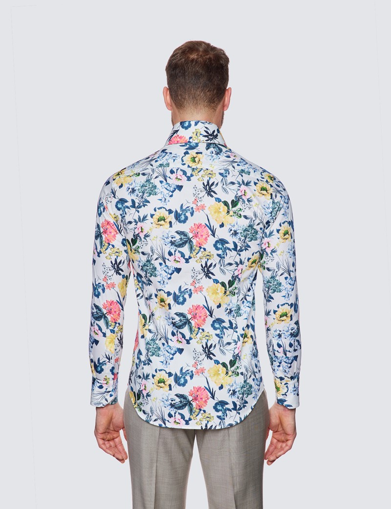 Curtis Cream & Blue Botanical Floral Print Shirt - High Collar