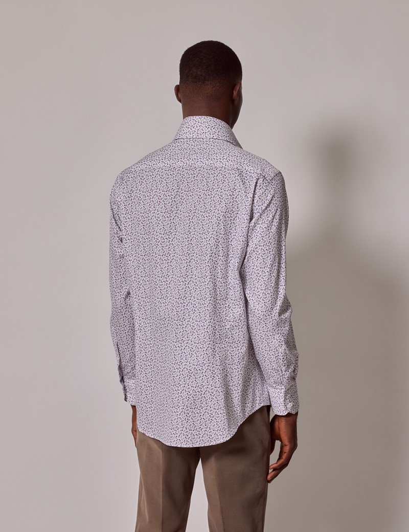 White & Purple Floral Slim Diamond Weave Shirt - High Collar