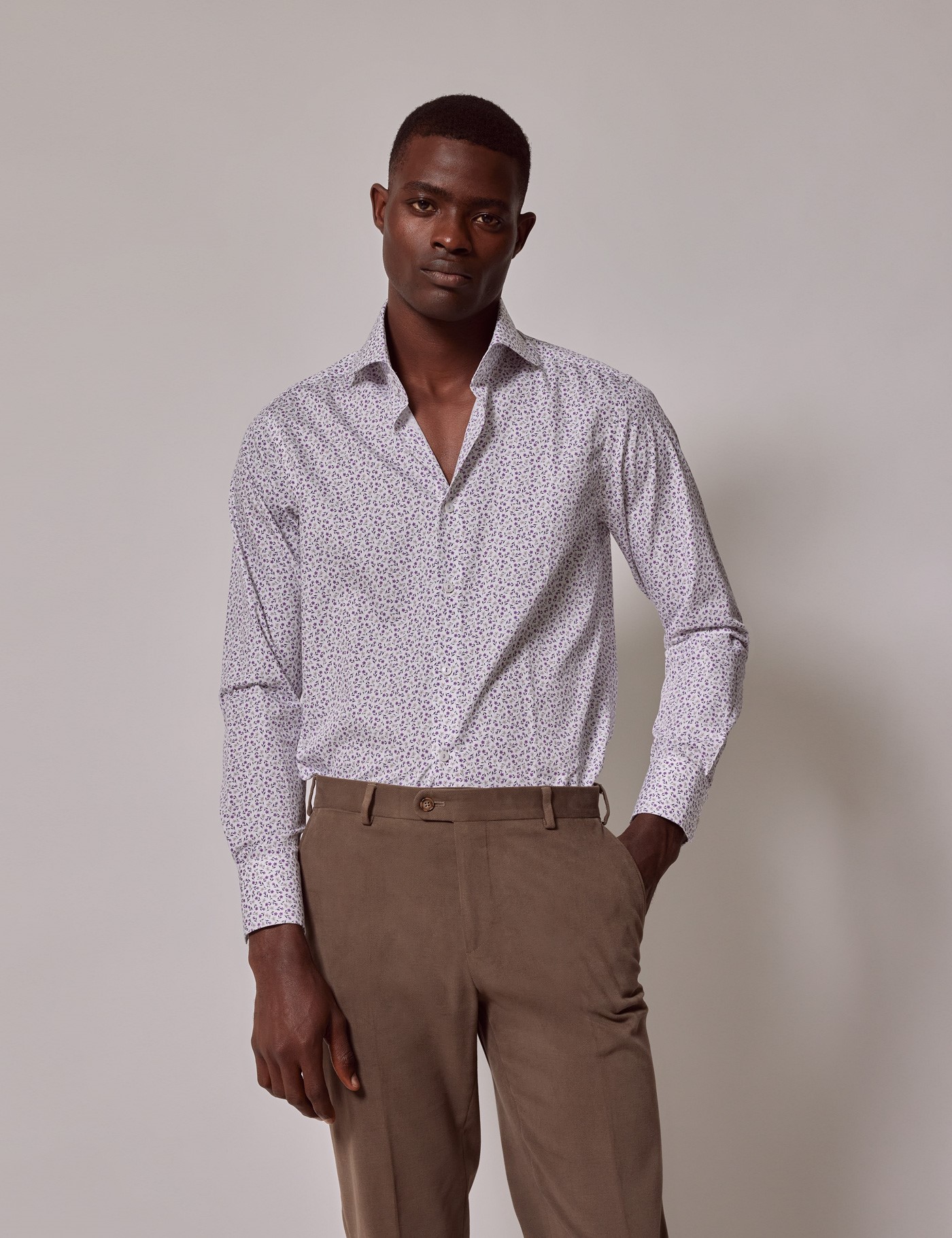 Hawes & Curtis Slim Fit White & Purple Floral Diamond Weave Curtis Shirt Size: XS image 3