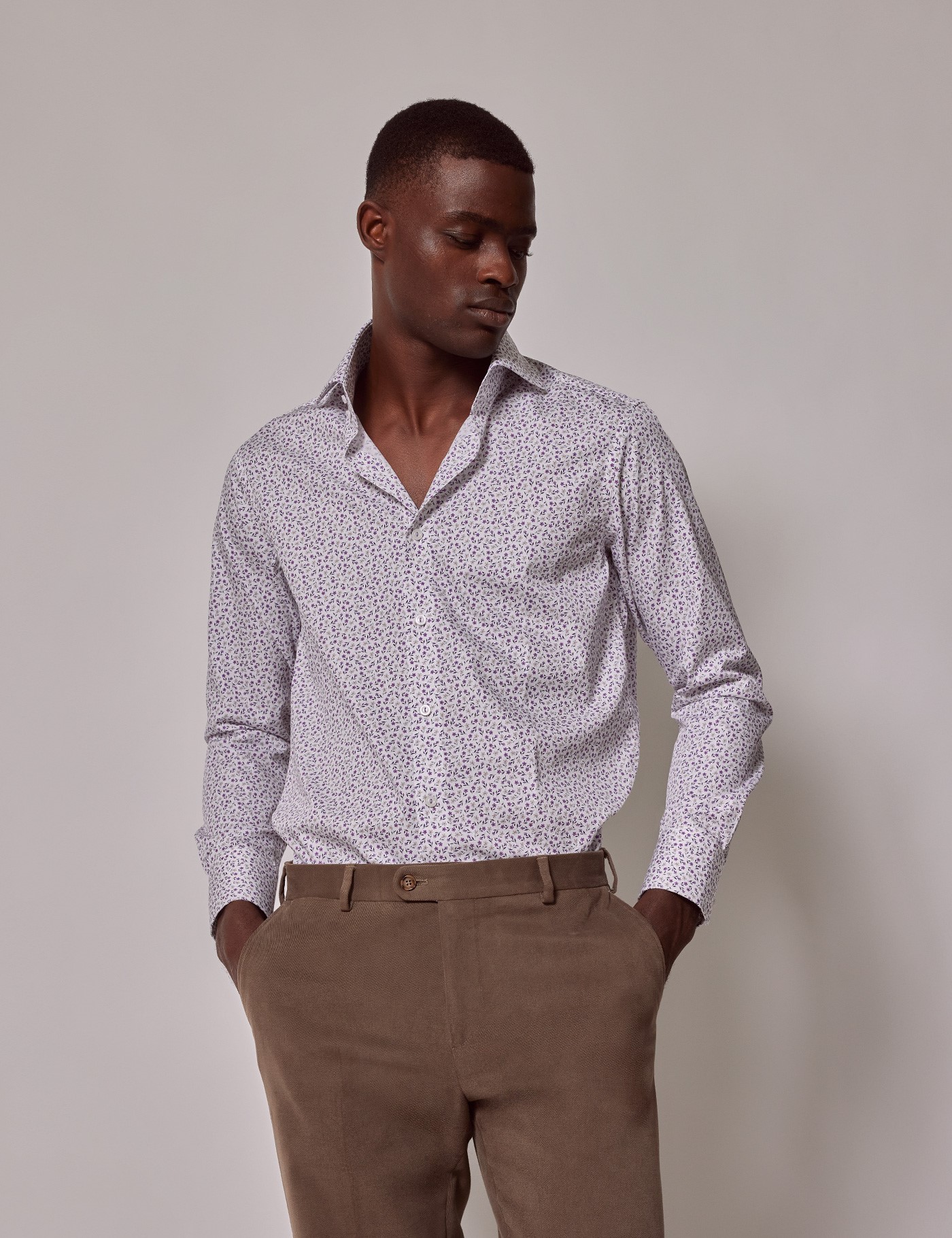 Hawes & Curtis Slim Fit White & Purple Floral Diamond Weave Curtis Shirt Size: XS