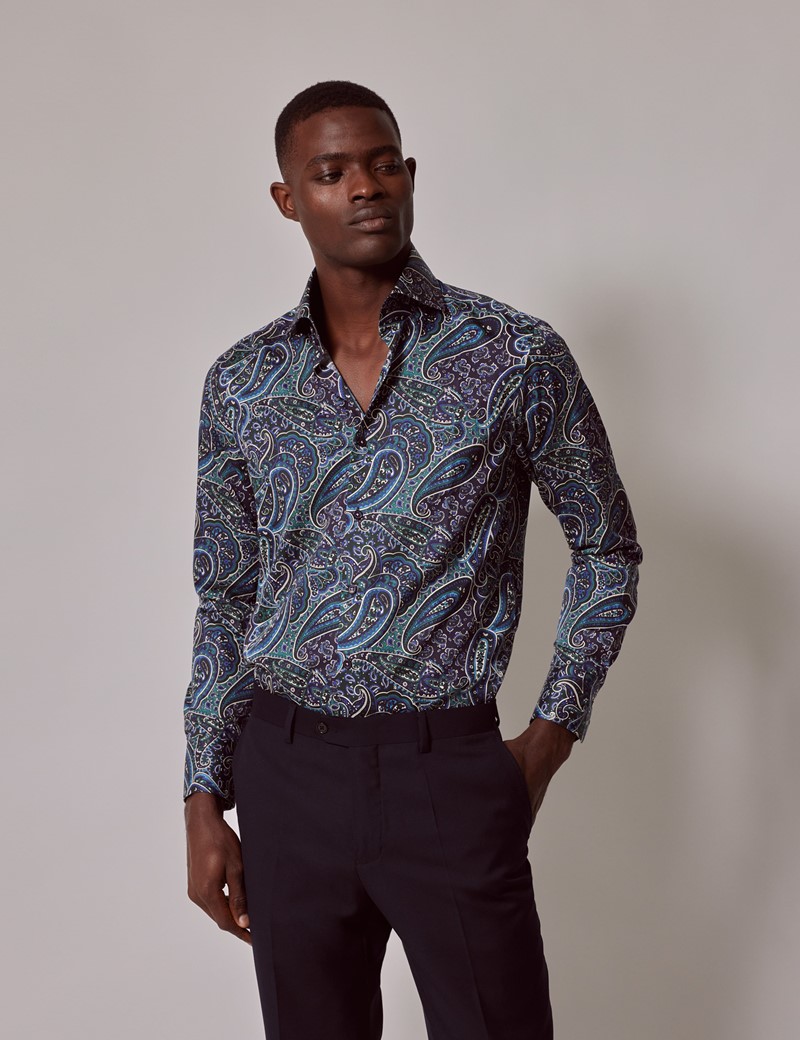 Men's Green & Blue Paisley Slim Cotton Sateen Shirt - High Collar