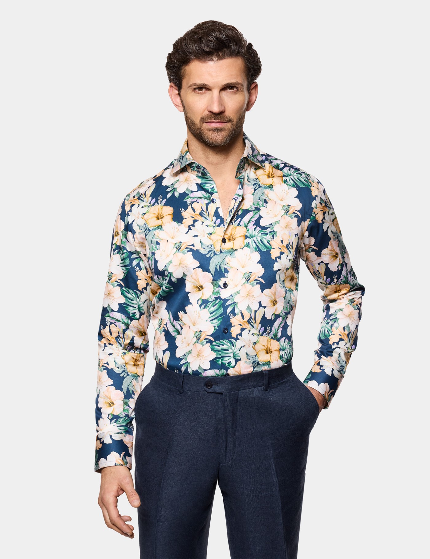 & Slim Fit & Cream Floral Diamond Weave Shirt Long