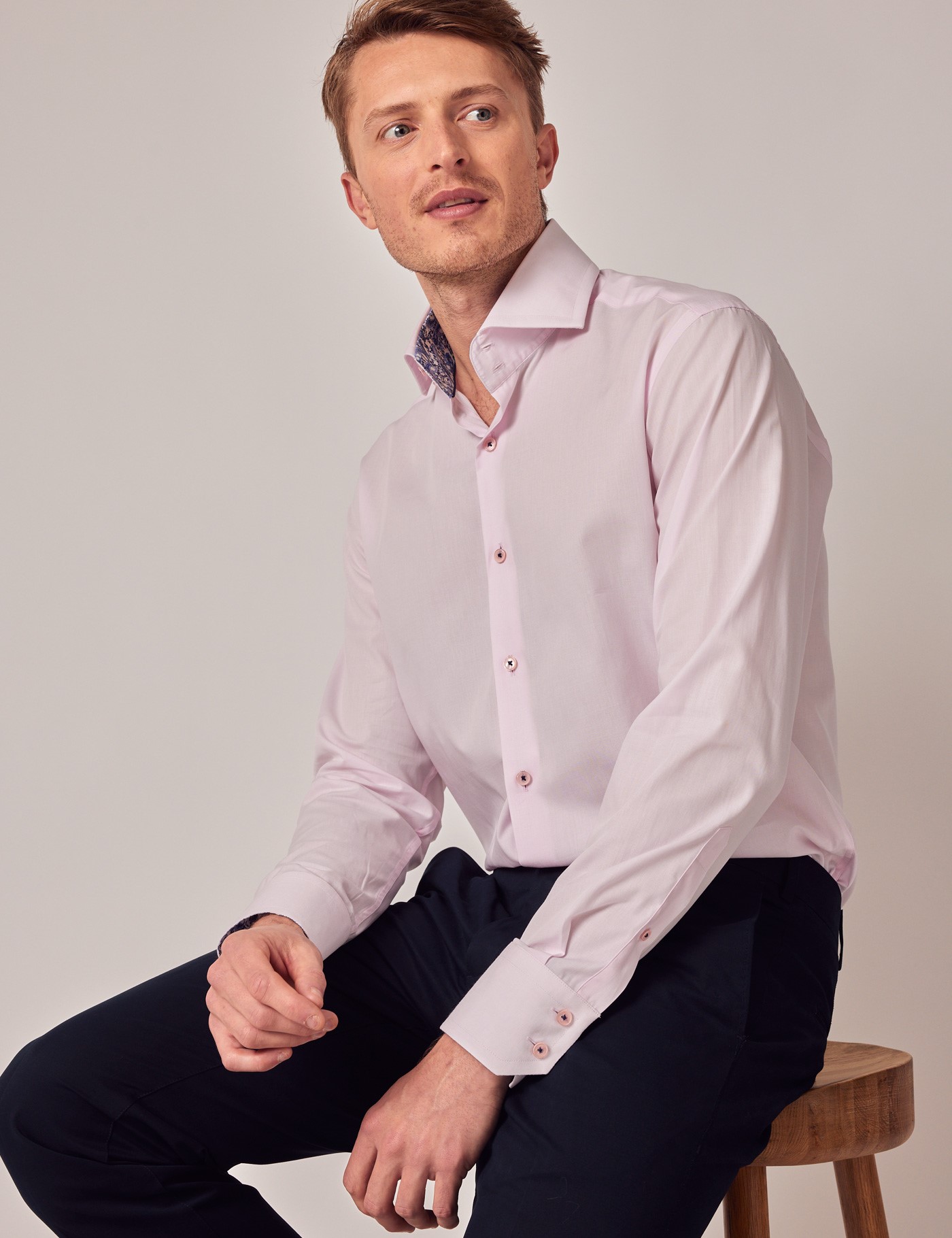 Pink Slim Shirt With Contrast Detail - High Collar | Hawes & Curtis