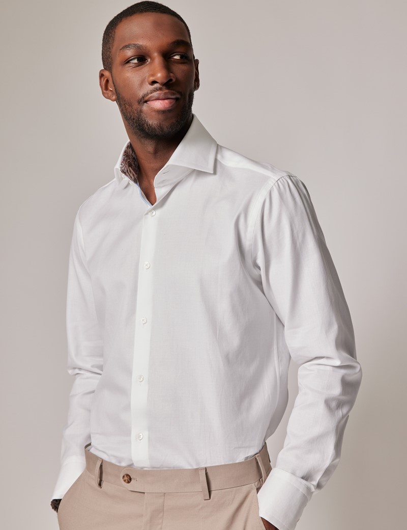 Men's White Slim Shirt with Paisley Contrast Detail - High Collar