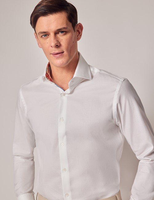 Casual White Slim Shirt with Contrast Collar - High Collar