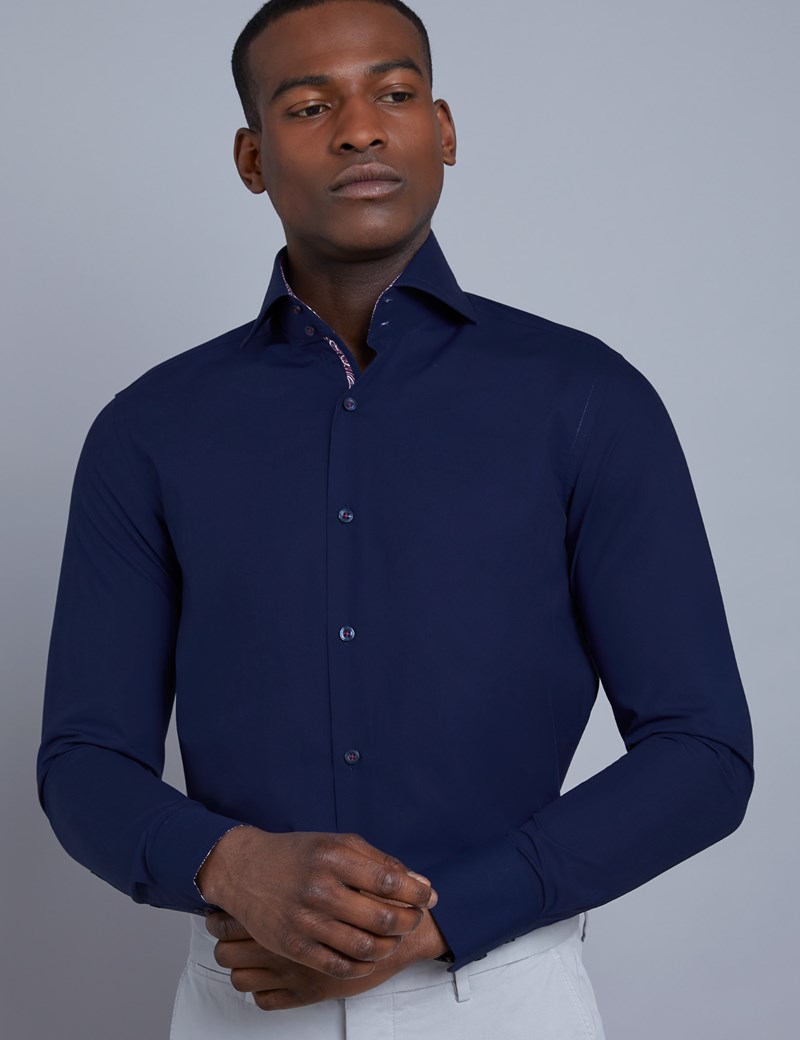 Mens Curtis Navy Slim Fit Shirt With Contrast Detail High Collar Single Cuff Hawes And Curtis 