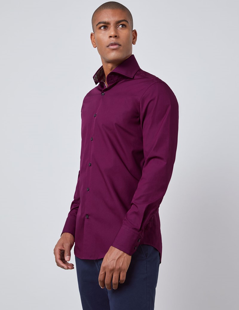 Men's Curtis Burgundy Slim Fit Shirt With Contrast Detail - High Collar ...