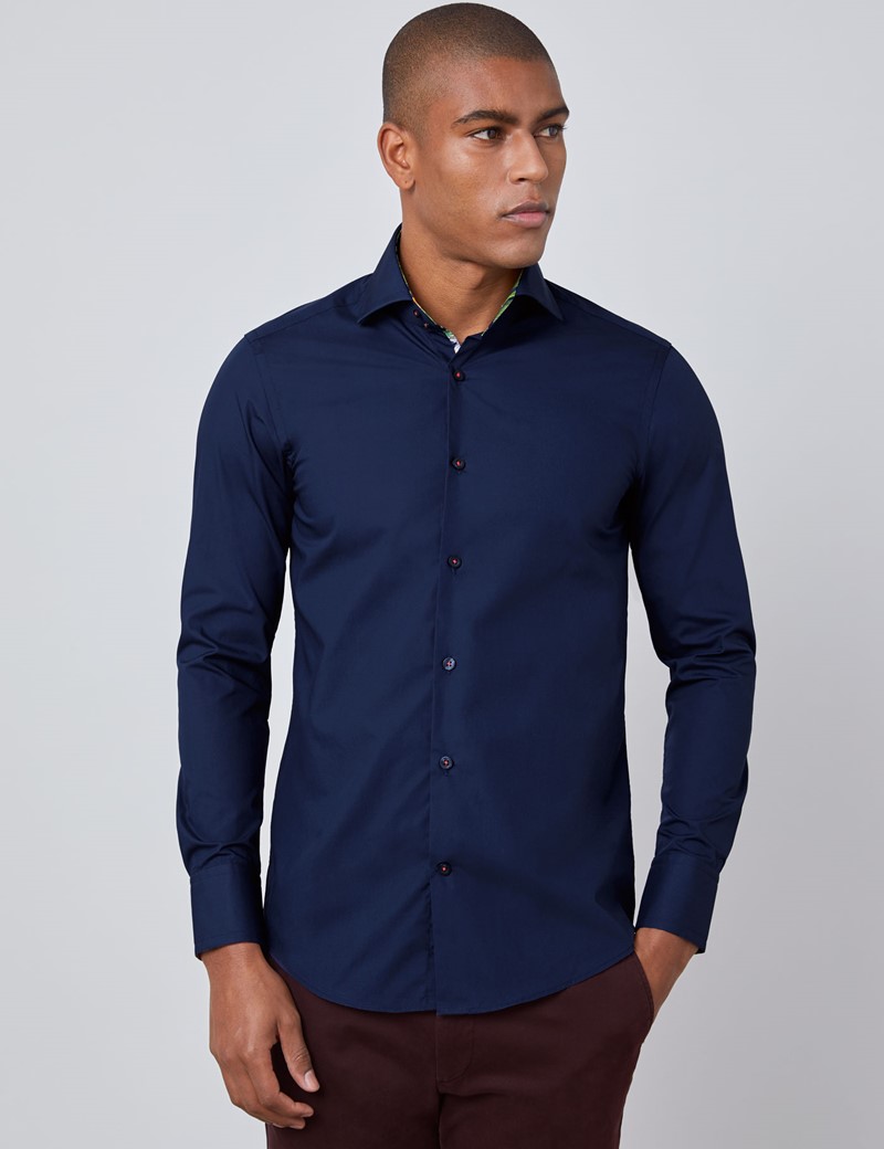Men's Curtis Navy Slim Fit Shirt With Contrast Detail - High Collar ...