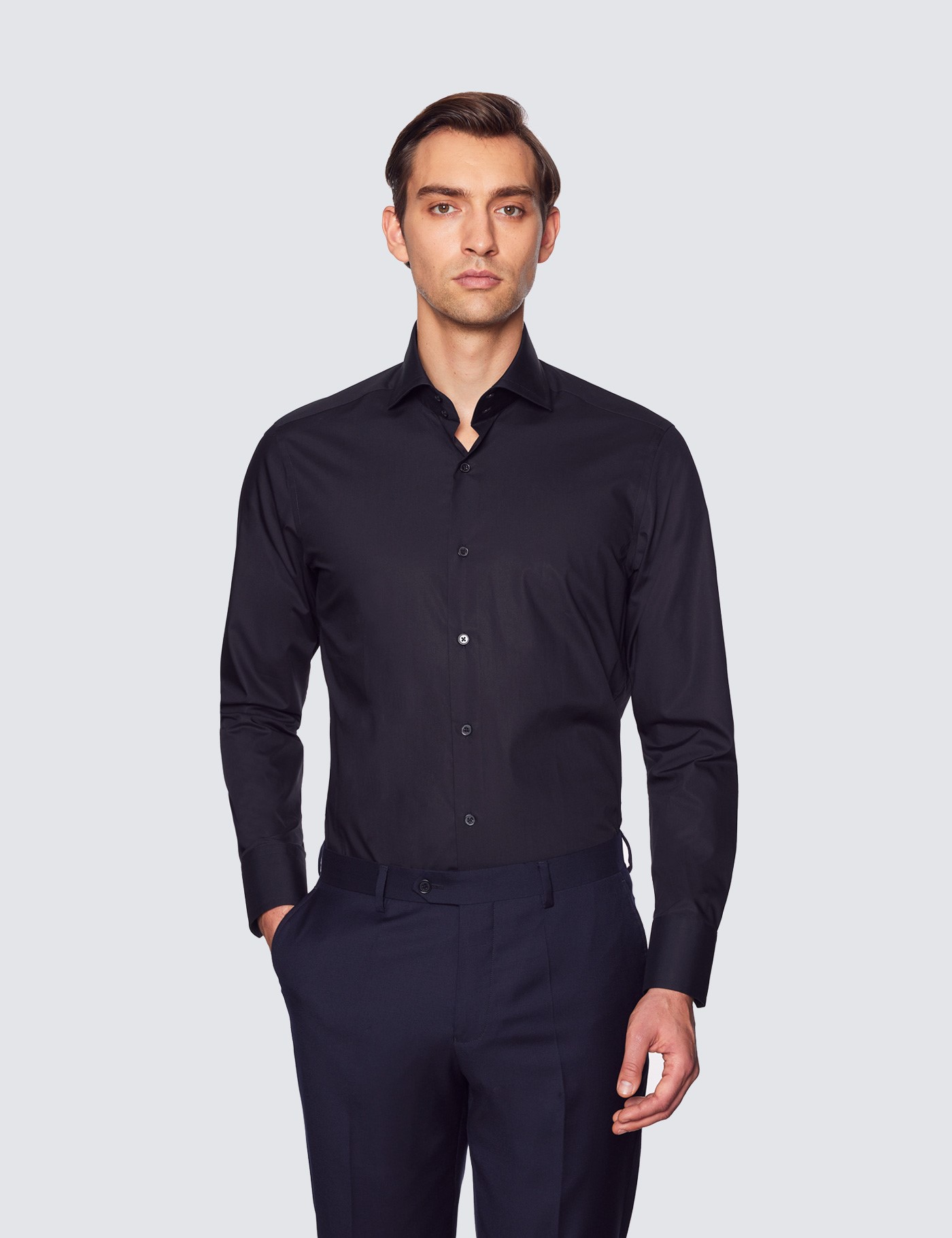 Men's Black Poplin Slim Shirt - High Collar