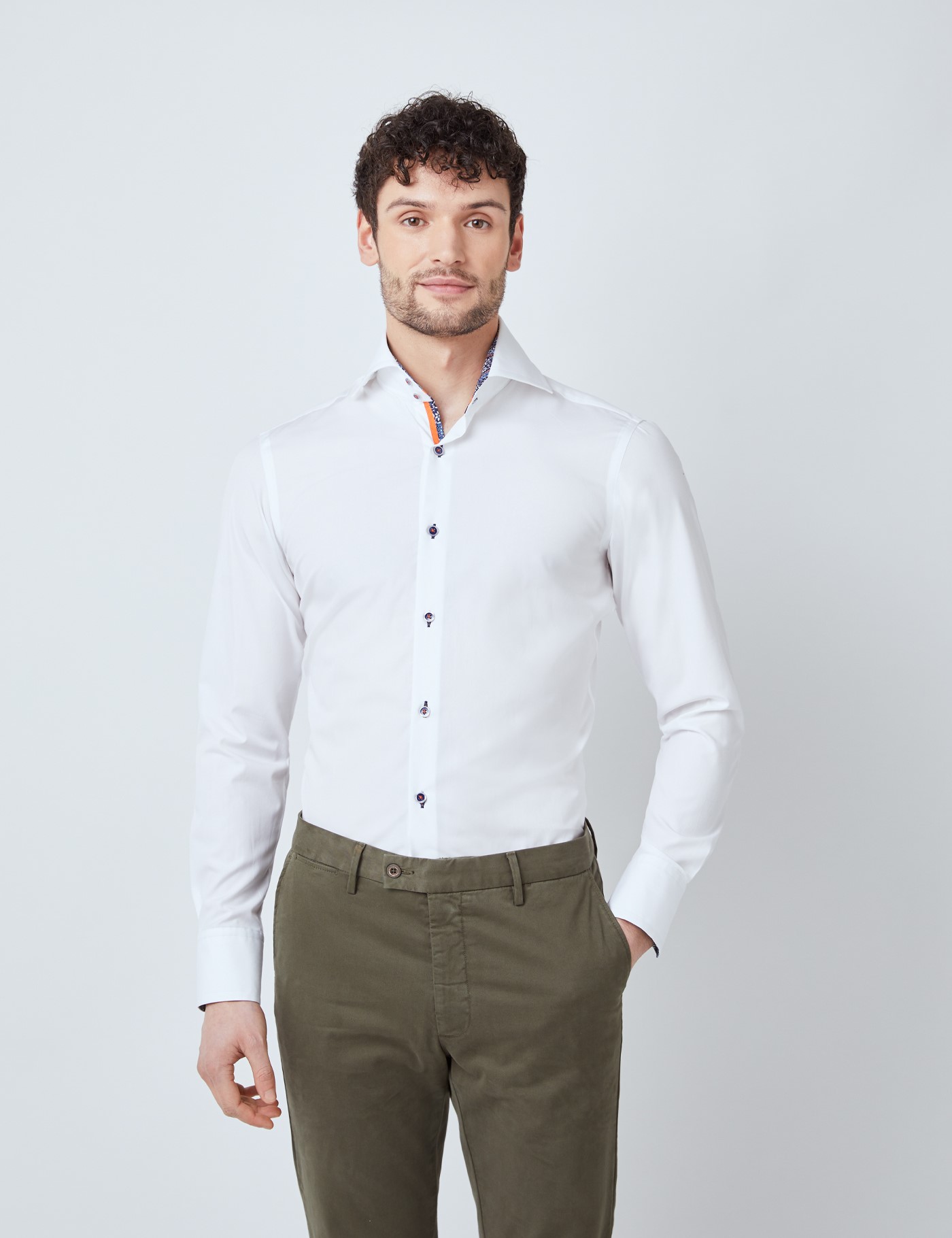 Poplin Contrast Slim Fit Shirt with Single Cuff in White | Hawes ...