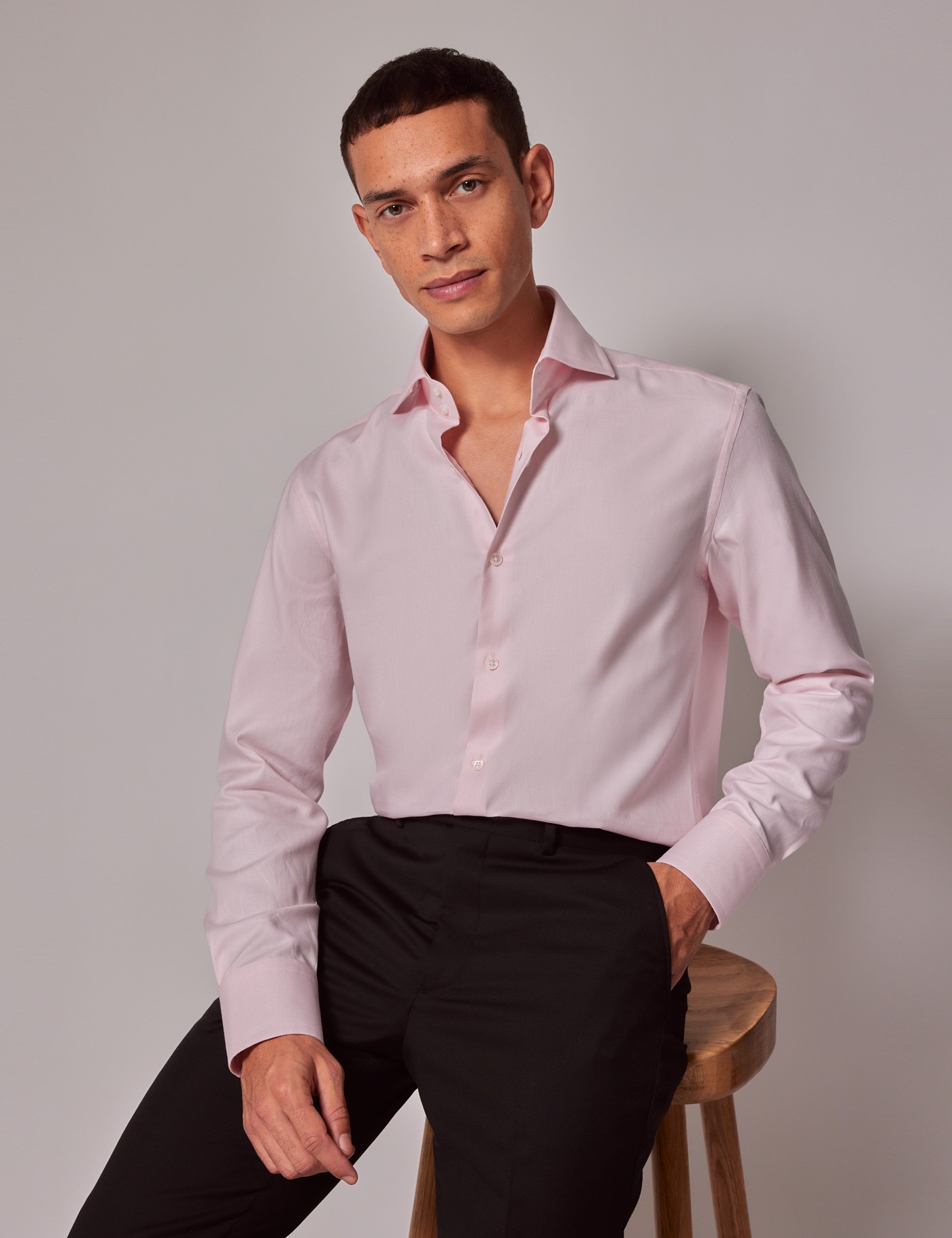 Men's Light Pink Twill Slim Fit Shirt - High Collar