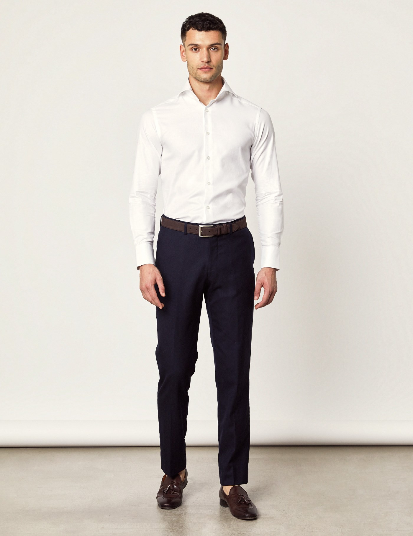 Men's Curtis White Twill Relaxed Slim Fit Shirt - High Collar | Hawes ...
