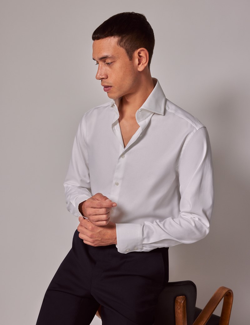 Men's White Twill Slim Fit Shirt - High Collar