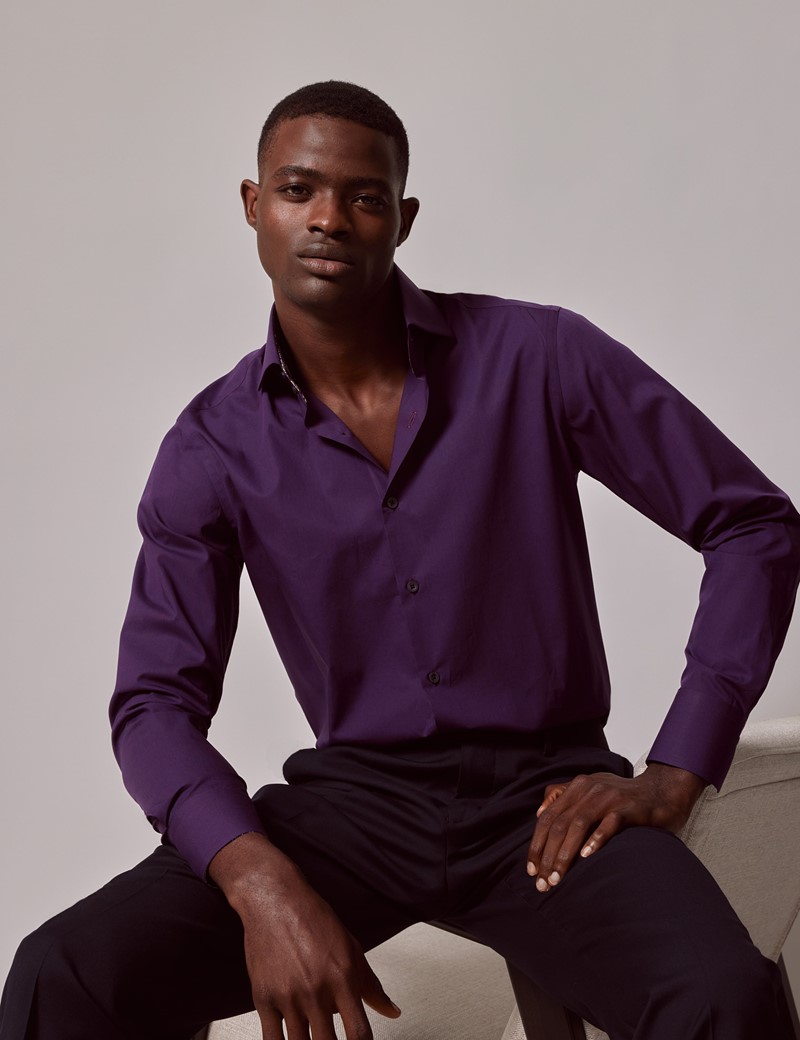 Men's Dark Purple Cotton Stretch Slim Shirt With Contrast Detail
