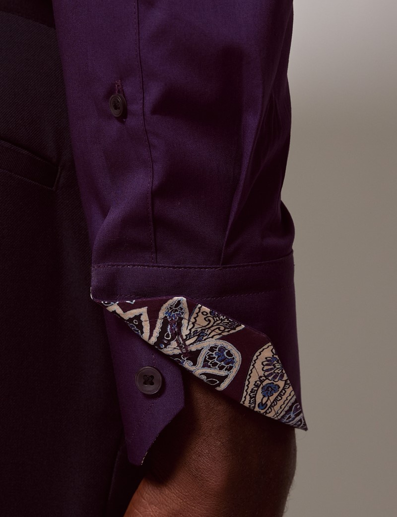 Men's Dark Purple Cotton Stretch Slim Shirt With Contrast Detail